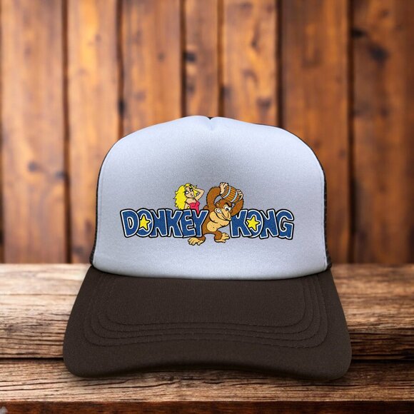 Donkey Kong Mens Trucker Hat Brown Snapback Retro 80s Video Game Marquee Cap - Picture 1 of 4